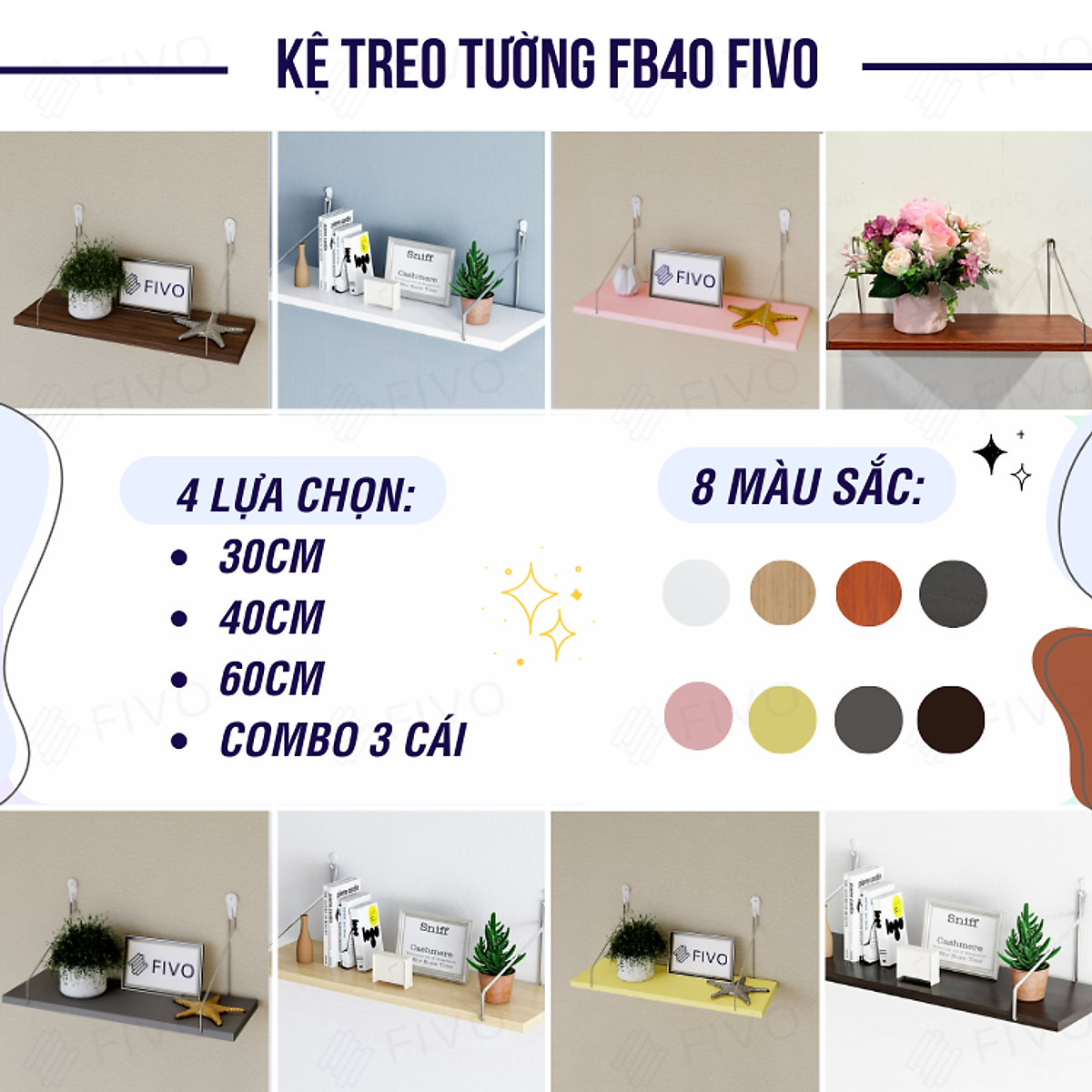 Kệ Trang Trí Treo Tường Gỗ FIVO Mã FB40 Không Cần Khoan Tặng Kèm Đinh 4 Chân Chịu Lực Lên Đến 10KG Với Móc Treo Inox Dễ Dàng Gắn Lên Tường