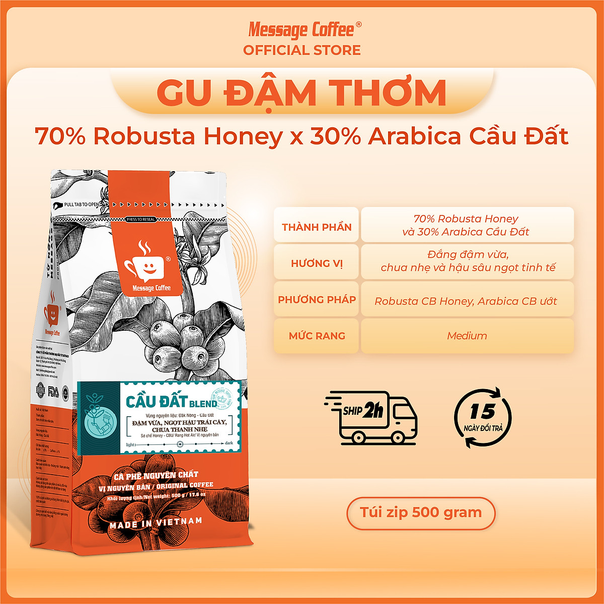 Cà phê Cầu Đất Blend Cao Cấp Nguyên Chất Rang Mộc 100% Kết Hợp Giữa Arabica Cầu Đất Và Robusta Honey Cho Vị Đắng Đầm Thơm Ngọt Hậu - Message Coffee