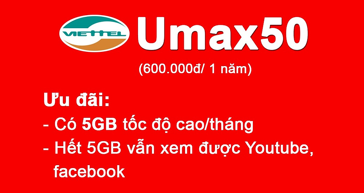 Sim 4G Viettel gói 12UMAX50N trọn gói 1 NĂM KHÔNG CẦN NẠP TIỀN -  Tháng 5Gb hết 5Gb về tốc độ 3Mbps truy cập nhanh.... -  Hàng Chính Hãng