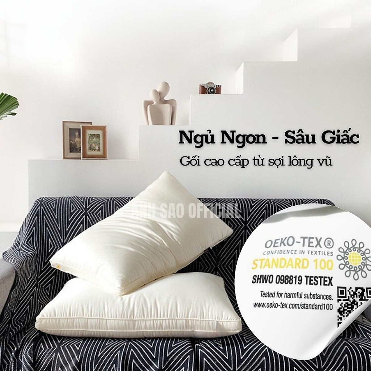 1 Gối Lông vũ Microfiber Cao cấp A - Đạt Chứng nhận OEKO-TEK an toàn sức khỏe, không chứa chất độc hại - Gối nằm êm ái, mềm mịn, kháng khuẩn - Gối chuẩn khách sạn 5 sao