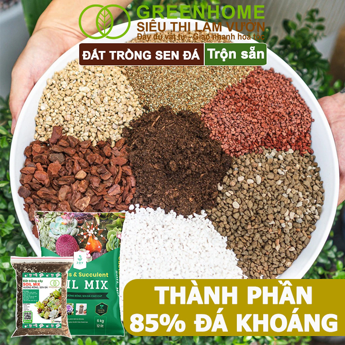 Đất Trồng Sen Đá Greenhome, Soil Mix, Bao 6kg, Trộn Sẵn, 85% Đá Khoáng, Phát Rễ Nhanh, Lên Màu Nhanh, Thoát Nước Tốt