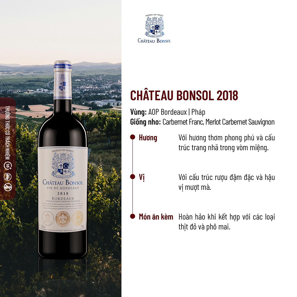 {Freeship 50K} Rượu Vang Đỏ Château Bonsol Bordeaux Appellation D'Origine Protégée 2018 - Nồng Độ 13.5%. [Không hộp]