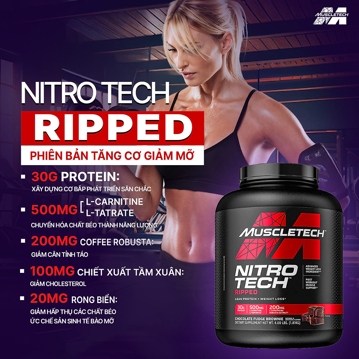 Sữa Tăng Cơ, Giảm Mỡ Nitro Tech Ripped - Hộp 4lbs (1.8g) - Nhiều Vị - Muscletech USA