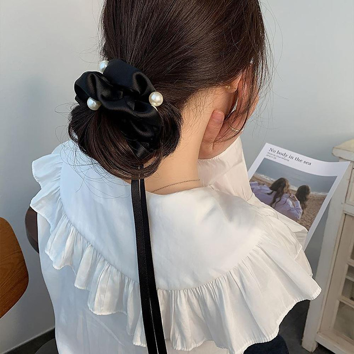 Mua Hair Rope Cloth Cute Bowknot Pearl Decorate Large Scrunchies Simple Fresh Black Hair Circle Hair Accessories Mua Hair Rope Cloth Cute Bowknot Pearl Decorate Large Scrunchies Simple Fresh Black Hair Circle Hair Accessories