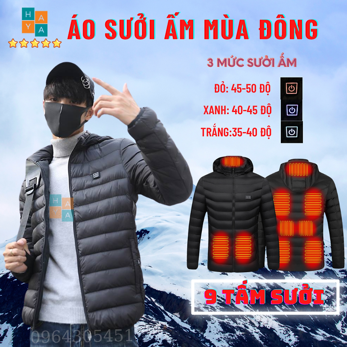 Mua ÁO KHOÁC SƯỞI ĐIỆN 9 TẤM SƯỞI , SƯỞI ẤM HỒNG NGOẠI ĐIỀU CHỈNH NHIỆT ĐỘ TỪ 30-50 ĐỘ C, SỬ DỤNG PIN SẠC DỰ PHÒNG LÊN ĐẾN 10 GIỜ - Mua Áo Khoác Sưởi Điện 9 Tấm Sưởi , Sưởi Ấm Hồng Ngoại Điều Chỉnh Nhiệt Độ Từ 30-50 Độ C, Sử Dụng Pin Sạc Dự Phòng Lên Đến 10 Giờ -
