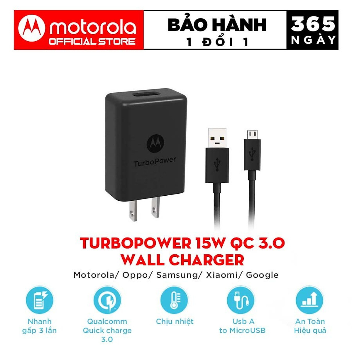 Mua Bộ Sạc Cáp Motorola TurboPower 15+ Wall Charger - Cổng sạc USB 15W - USB  A to TypeC/Micro  - Hỗ trợ sạc nhanh - dây sạc 1m - Củ