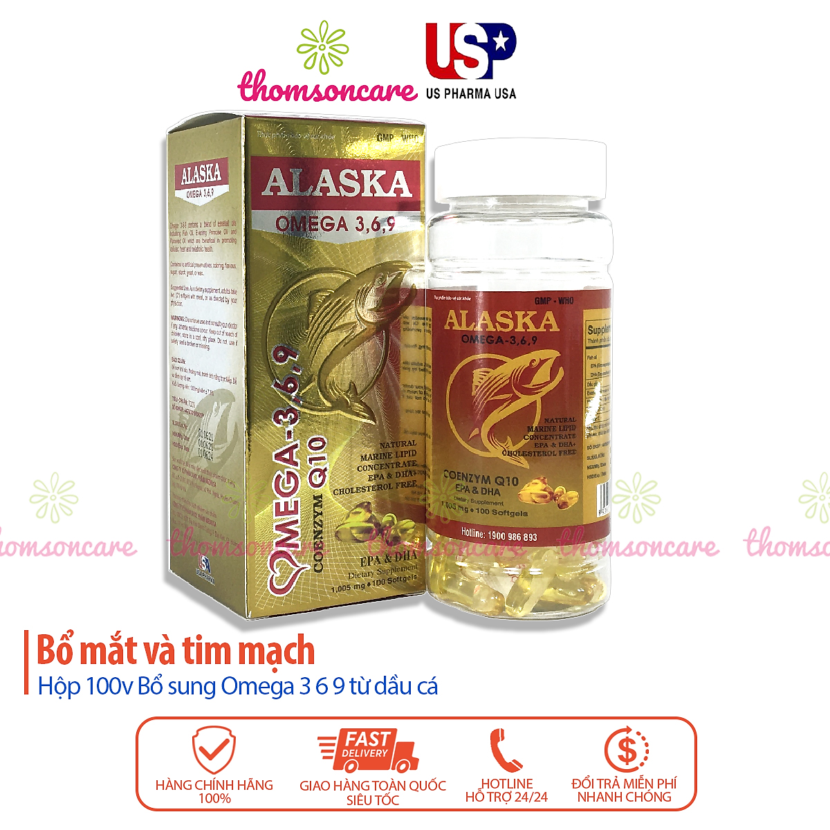 Dầu cá Alaska Omega 3 6 9 Hộp 100 viên Bổ sung Omega369, DHA EPA, có