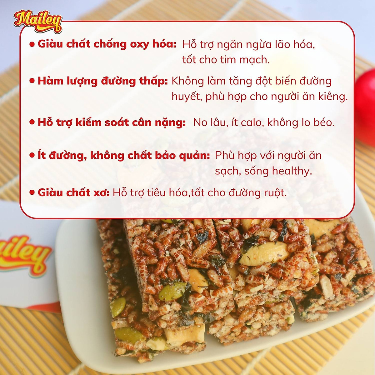 Thanh gạo lứt ngũ cốc chà bông/rong biển mix hạt Mailey Hộp 120g - Bánh gạo lứt ăn kiêng hỗ trợ giảm cân