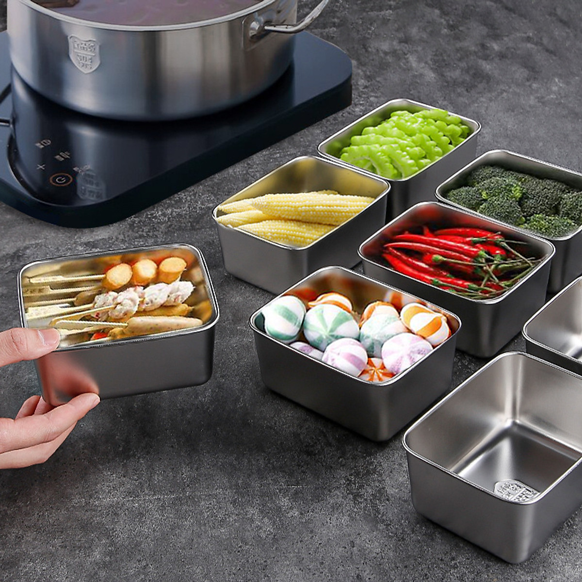 Hộp Đựng Thực Phẩm Tủ Lạnh, Đồ Ăn Bằng Inox Có Nắp Nhựa Kèm Theo Tiện Lợi (135x105x58 mm) Và Loại To ( 250x200x60 mm)