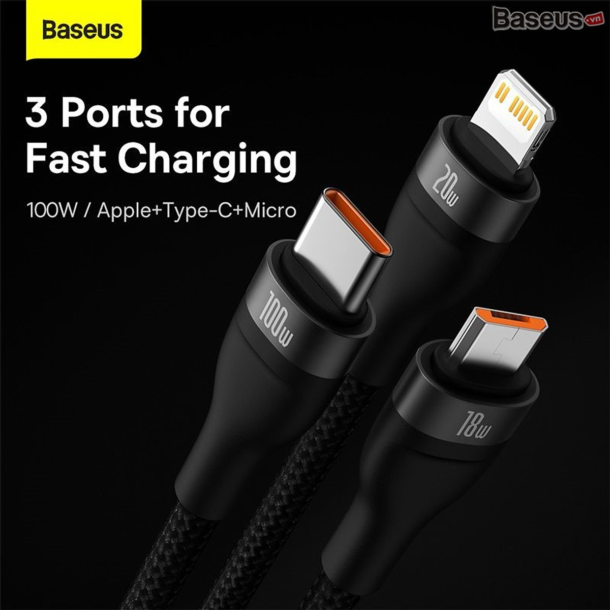Cáp sạc nhanh 3 đầu Baseus Flash Series Ⅱ PRO Two-for-three Charging Cable U+C to M+L+C 100W (Hàng chính hãng)