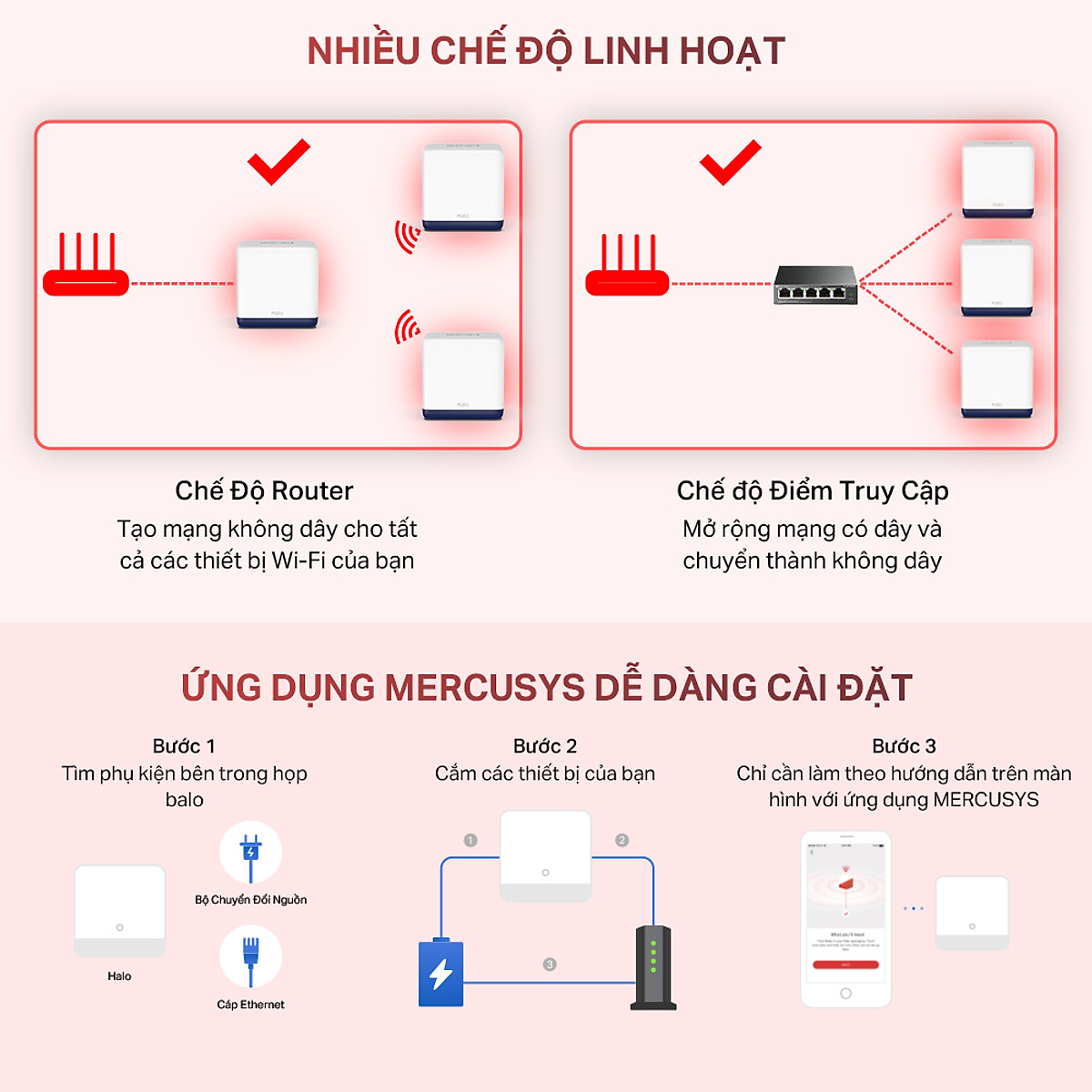 Hệ Thống Wifi Mesh Mercusys Halo H50G Dành Cho Gia Đình Chuẩn AC1900 - Hàng Chính Hãng