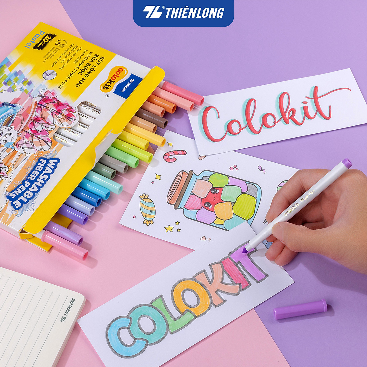 Bút lông màu Fiber Pen 20 màu Pastel Thiên Long Colokit rửa được an toàn sử dụng tô màu, vẽ tranh, calligraphy SWM-C008