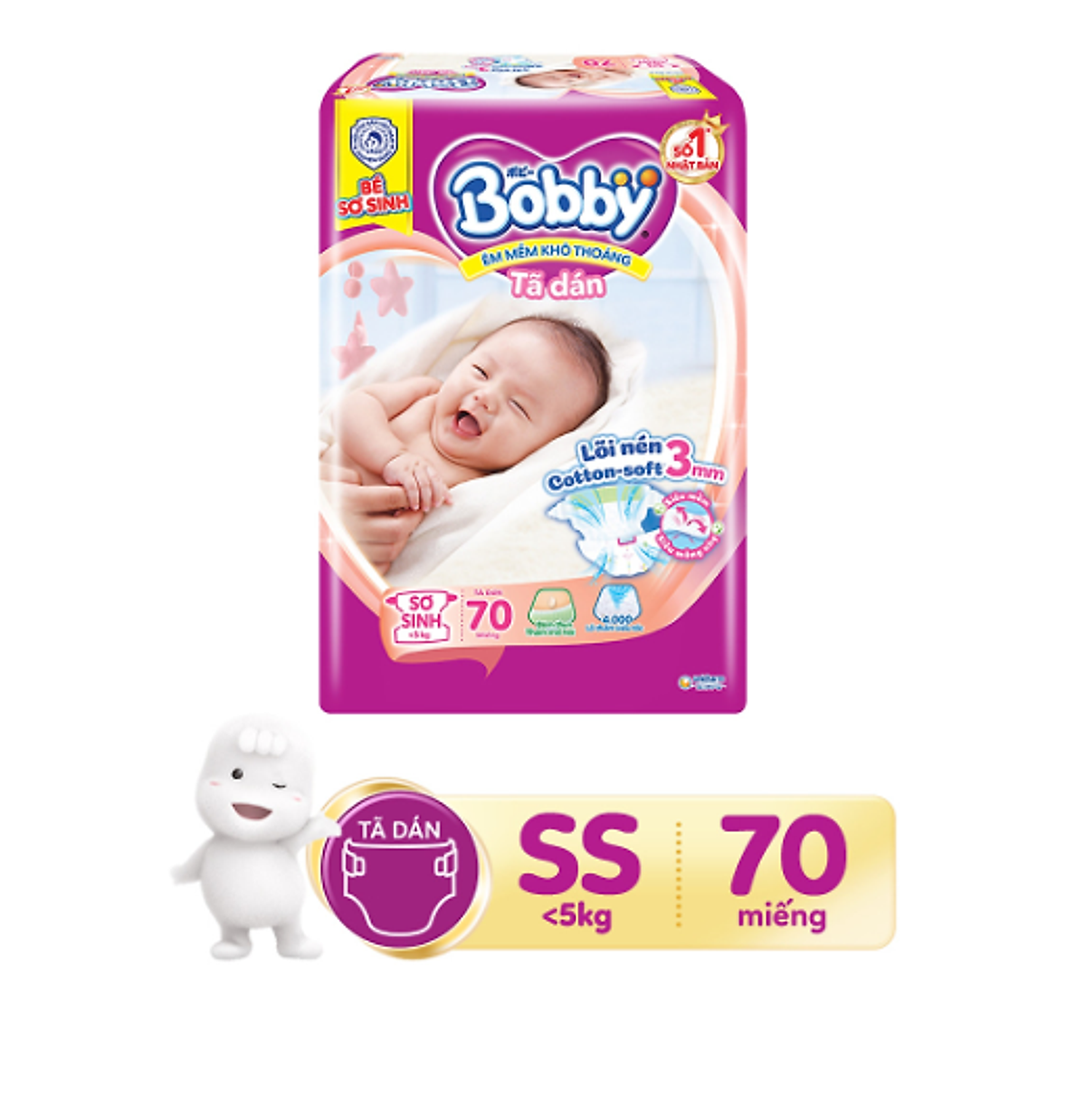 Tã dán Bobby Siêu thấm - khô thoáng size Sơ sinh 70 miếng (XS70)