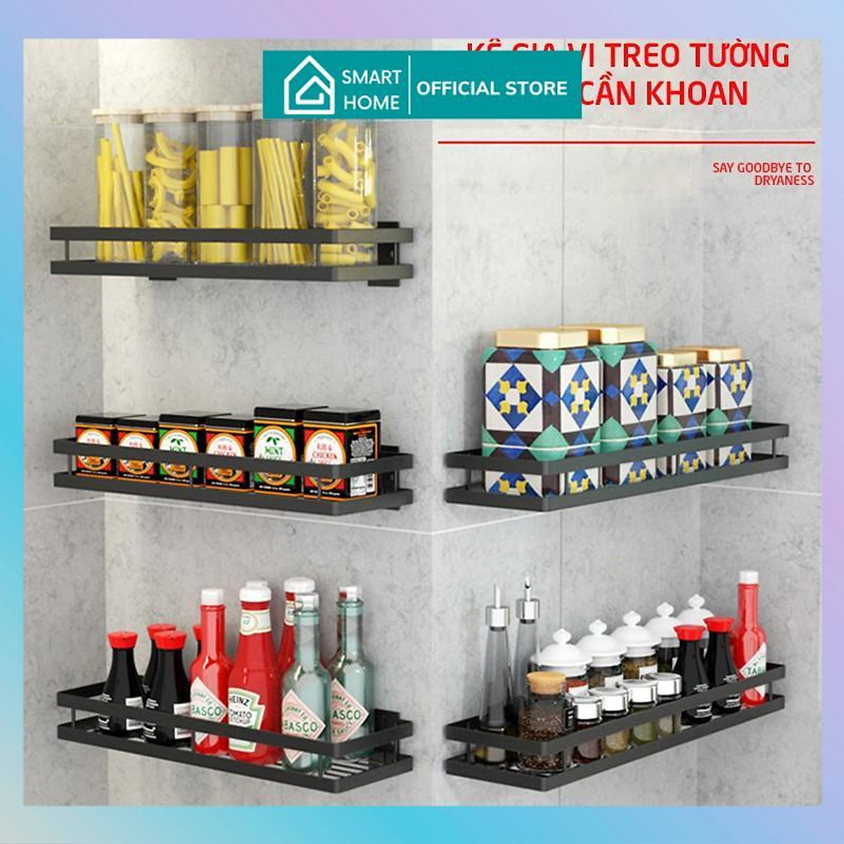 Kệ treo tường nhà bếp, phòng tắm, kệ để gia vị đa năng bằng thép không gỉ có miếng dán chịu lực không cần khoan tường.