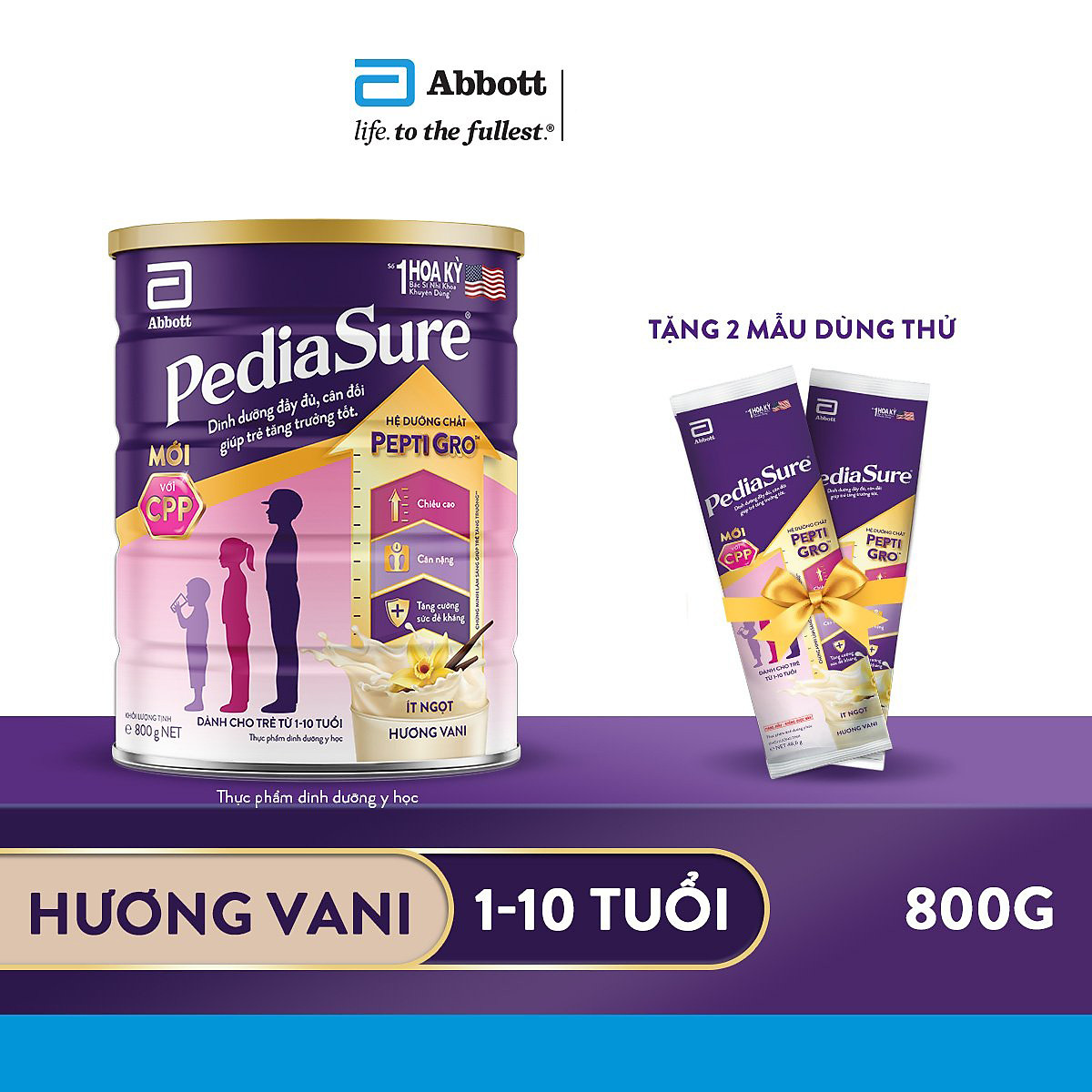 1 Lon Pediasure 800g (Dành cho trẻ từ 1 - 10 tuổi) - Tặng 2 Gói Dùng Thử