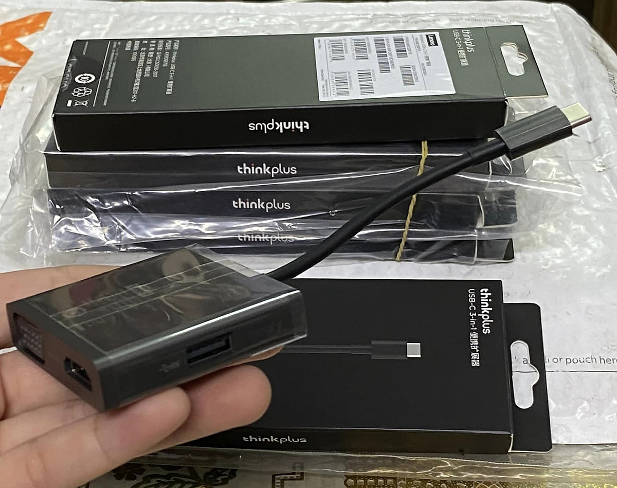Cáp type C ra HDMI - VGA và USB - 3 trong 1 - Lenovo Thinkplus Type C USB-C 3-in-1 Adapter USB Hub, 4K HDMI 60Hz, VGA, USB 3.0 Type C to HDMI VGA USB 3.0 - Hàng chính hãng