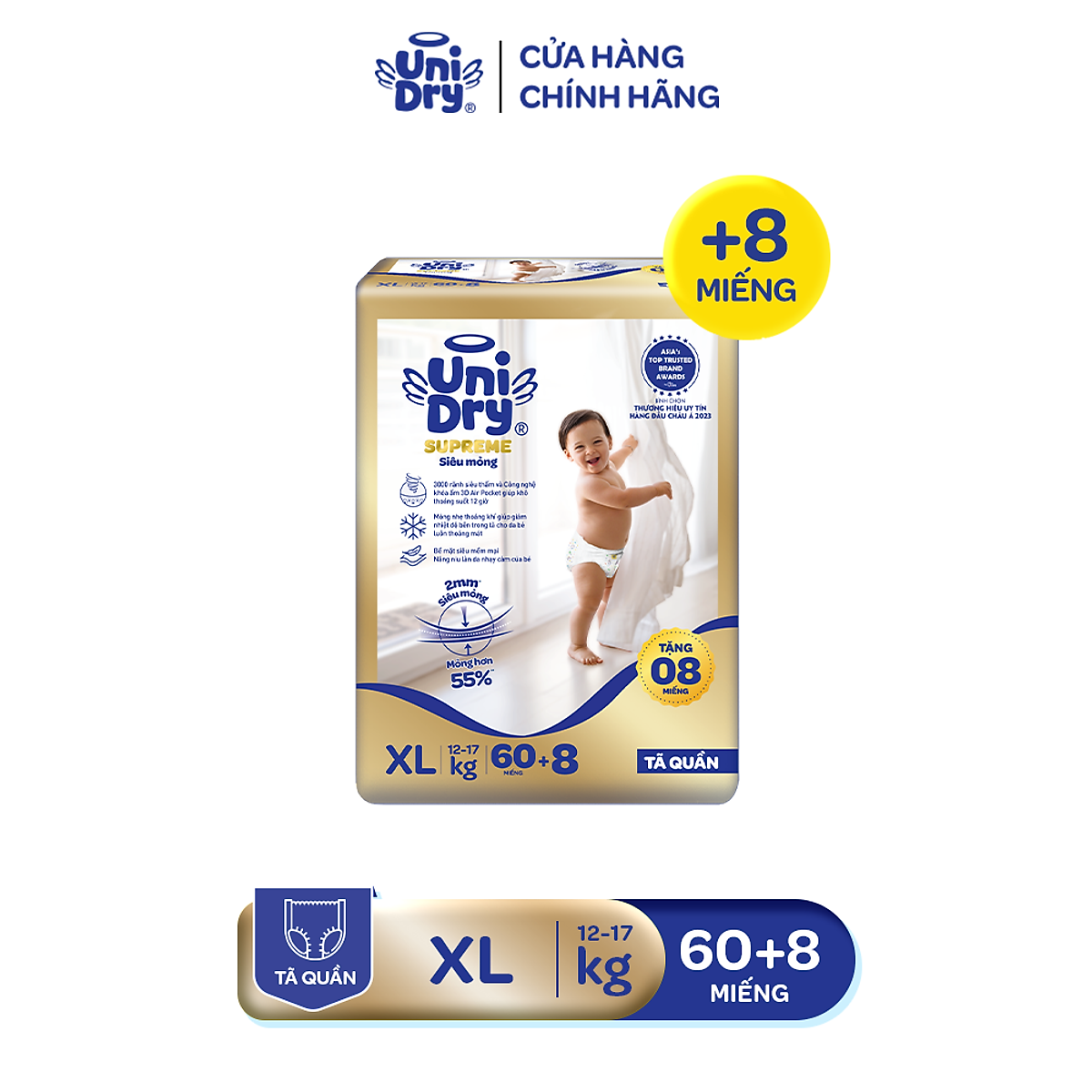 Tã quần Unidry G3X Supreme siêu mỏng size XL - 60+8 miếng