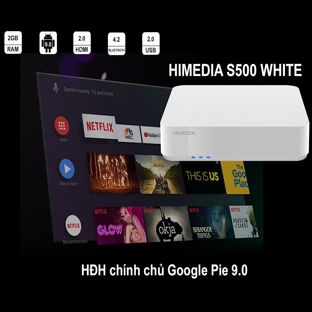 Android Tv Box HIMEDIA S500 - Android Chính Chủ Google 9.0, Ram 2G, Có Cổng Quang - Hàng Chính Hãng