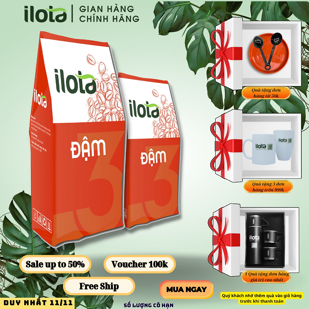 Cà phê ILOTA 3 ĐẬM rang xay nguyên chất dạng xay mộc Arabica Robusta gói 500gr
