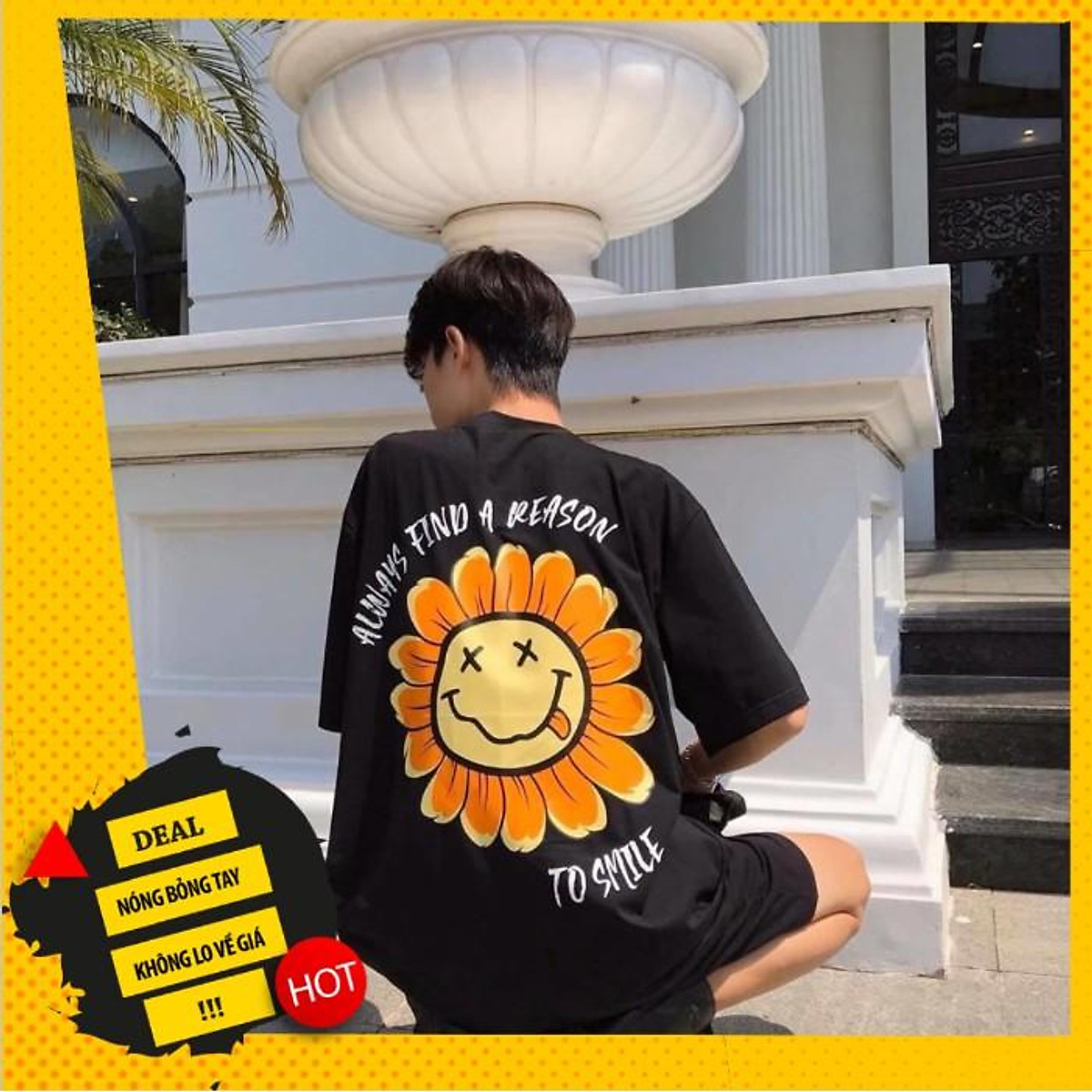 Áo thun tay lỡ form rộng in hình hoa mặt cười, hình in to và cực đẹp, có size to(Big size), phong cách Unisex AL11