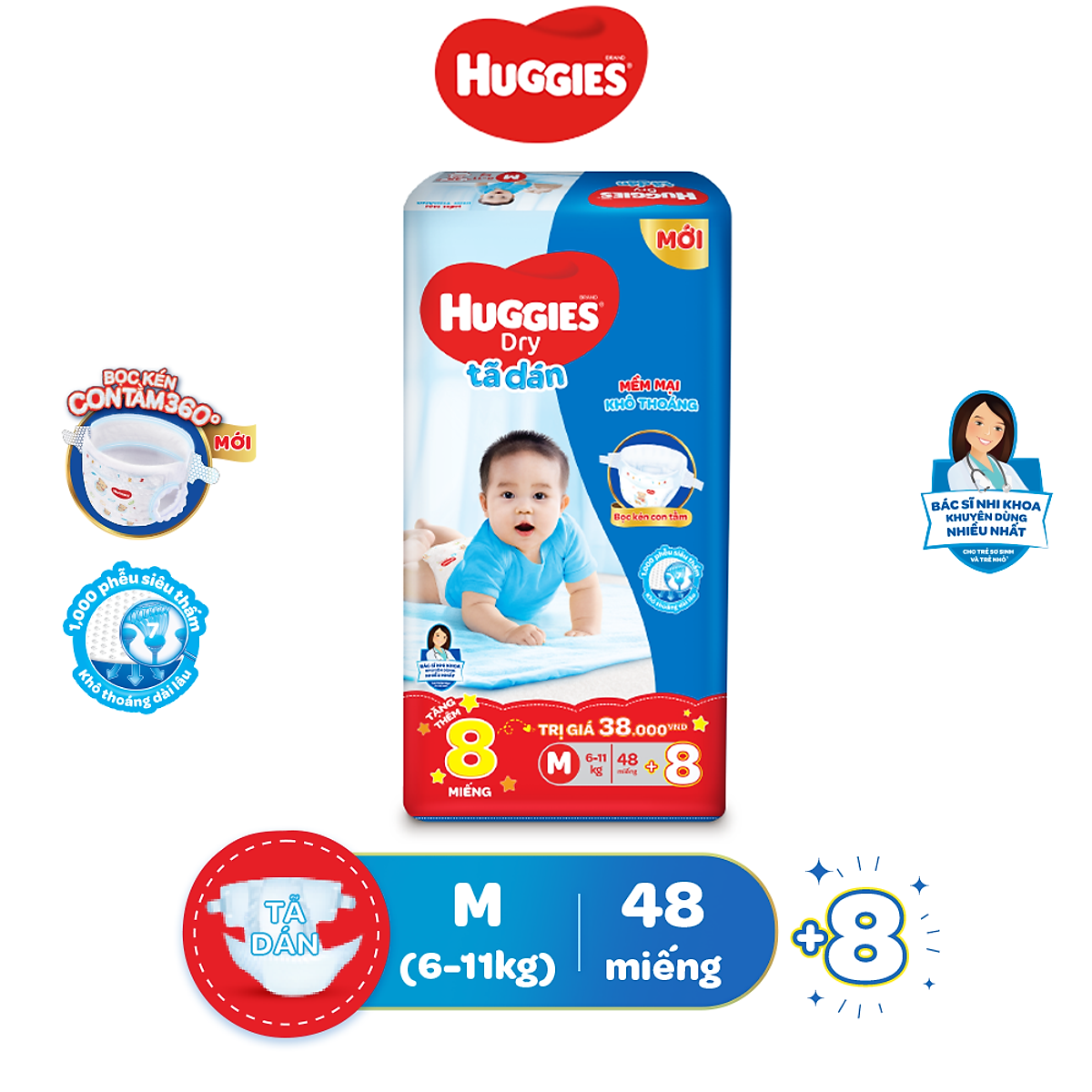 Tã Dán Huggies Dry Gói Đại M48 (48 Miếng) + Tặng 8 miếng