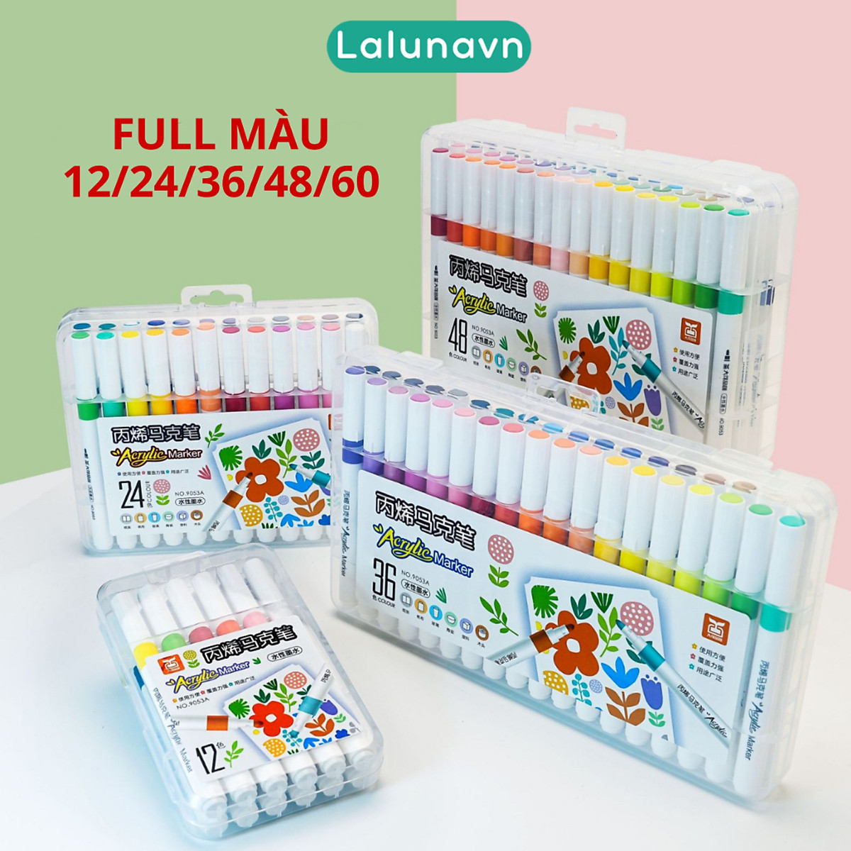 Bút Màu Acrylic Marker sơn đánh dấu Lalunavn nhiều mực hơn 50% bộ 12/24/36/48/60m hộp nhựa xách tiện dụng B196