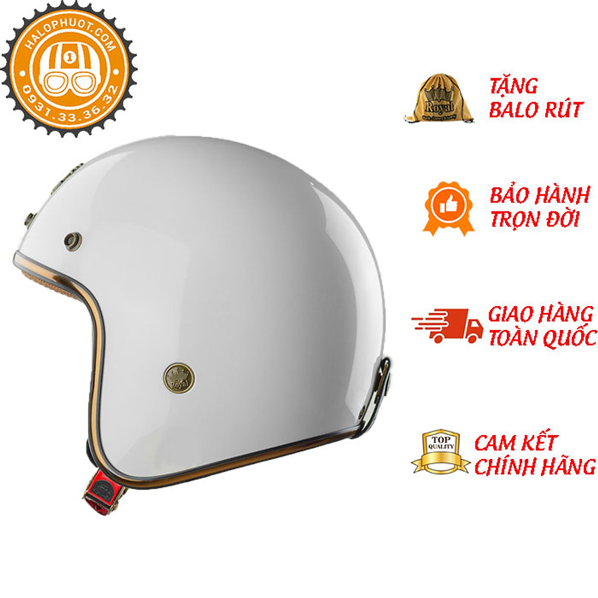 Nón bảo hiểm 3/4 ROYAL M20C trắng bóng
