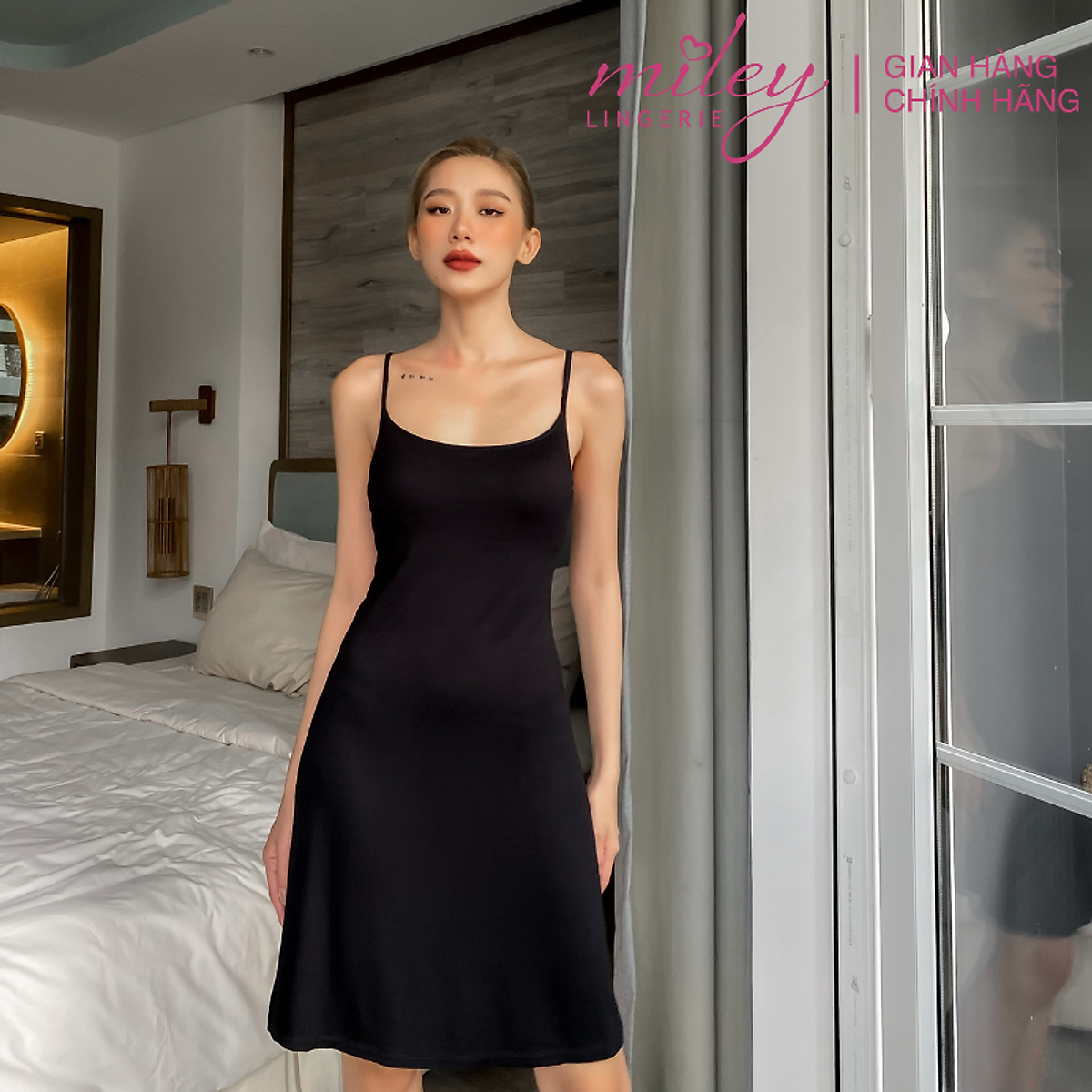 Đầm Mặc Nhà 2 Dây Cotton Modal Miley Comfort Đen - DDS0102