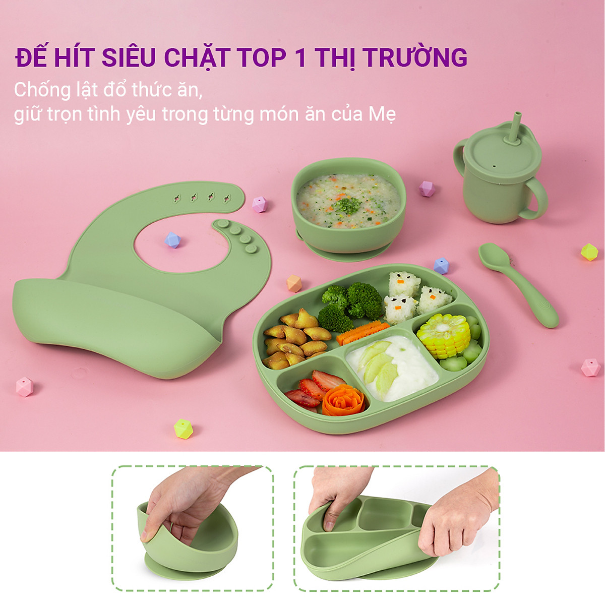 Bộ Ăn Dặm Cho Bé Thương Hiệu Mama's Choice, Combo Ăn Dặm Bát-Khay-Yếm-Thìa-Cốc Silicone Cao Cấp