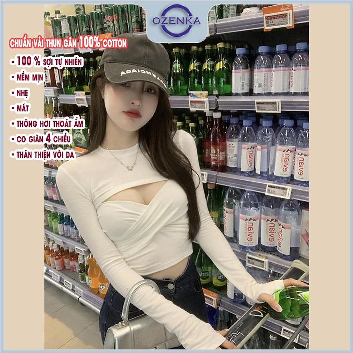 Áo croptop tay dài ôm body khoét ngực gợi cảm OZENKA , crt cổ tròn trắng đen thun cotton 100% đẹp mềm mịn mát dưới 55kg