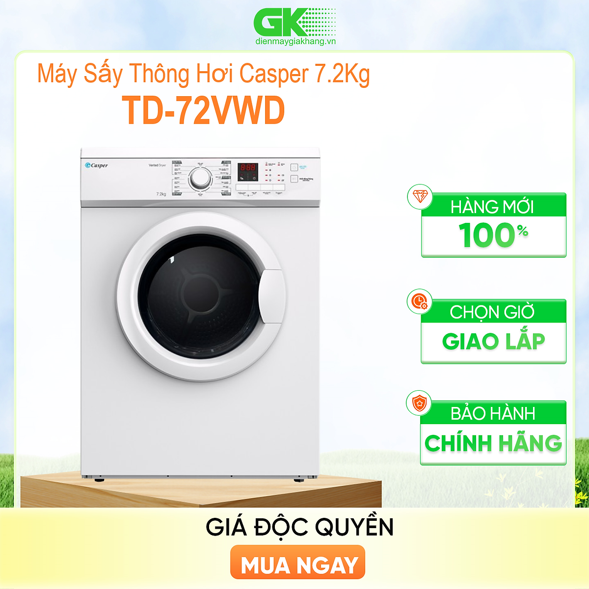 Máy sấy thông hơi Casper TD-72VWD 7.2kg - Hàng chính hãng (chỉ giao HCM)