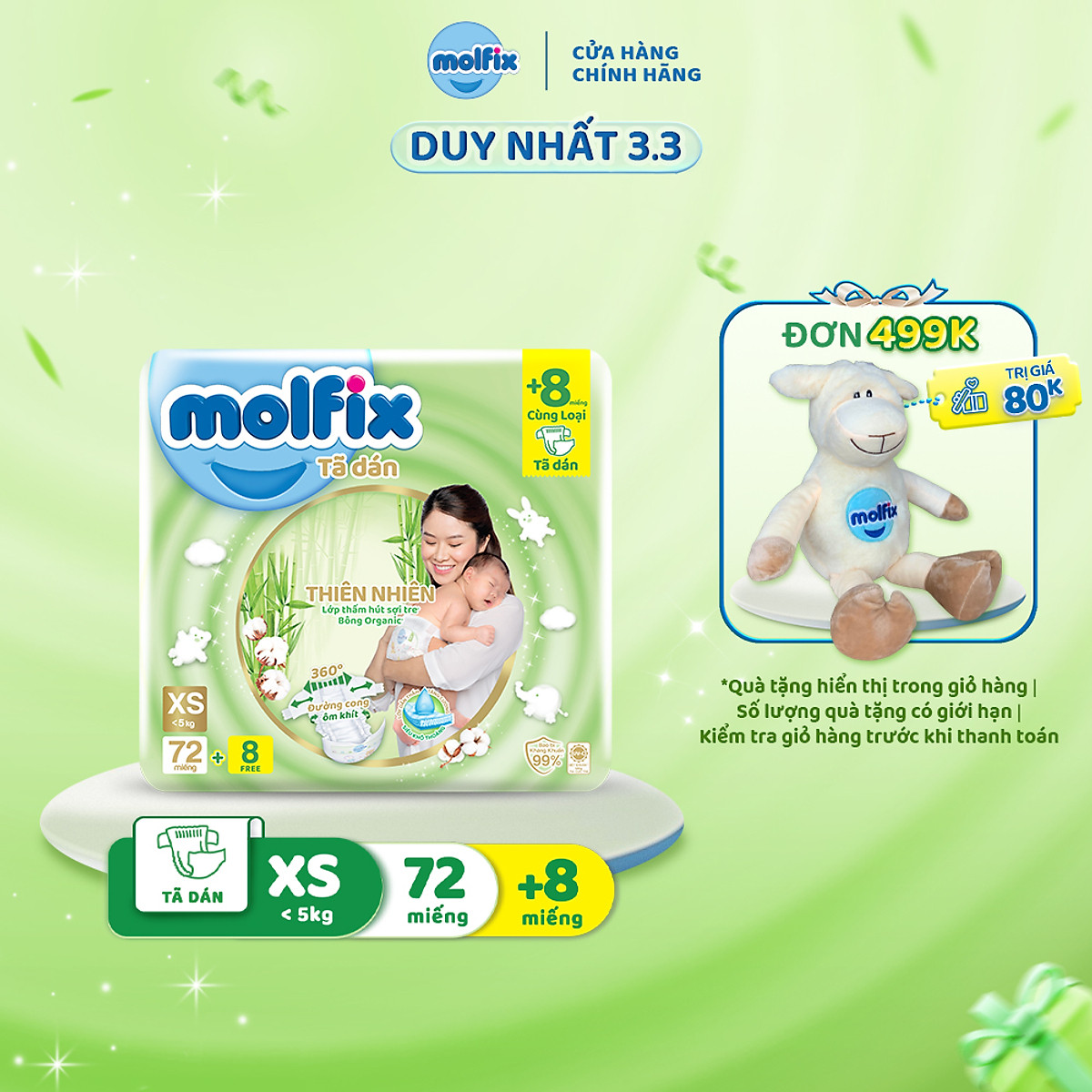 Tã/bỉm dán sơ sinh Molfix Thiên nhiên Jumbo Newborn (dưới 5kg) - Gói 72+8 miếng