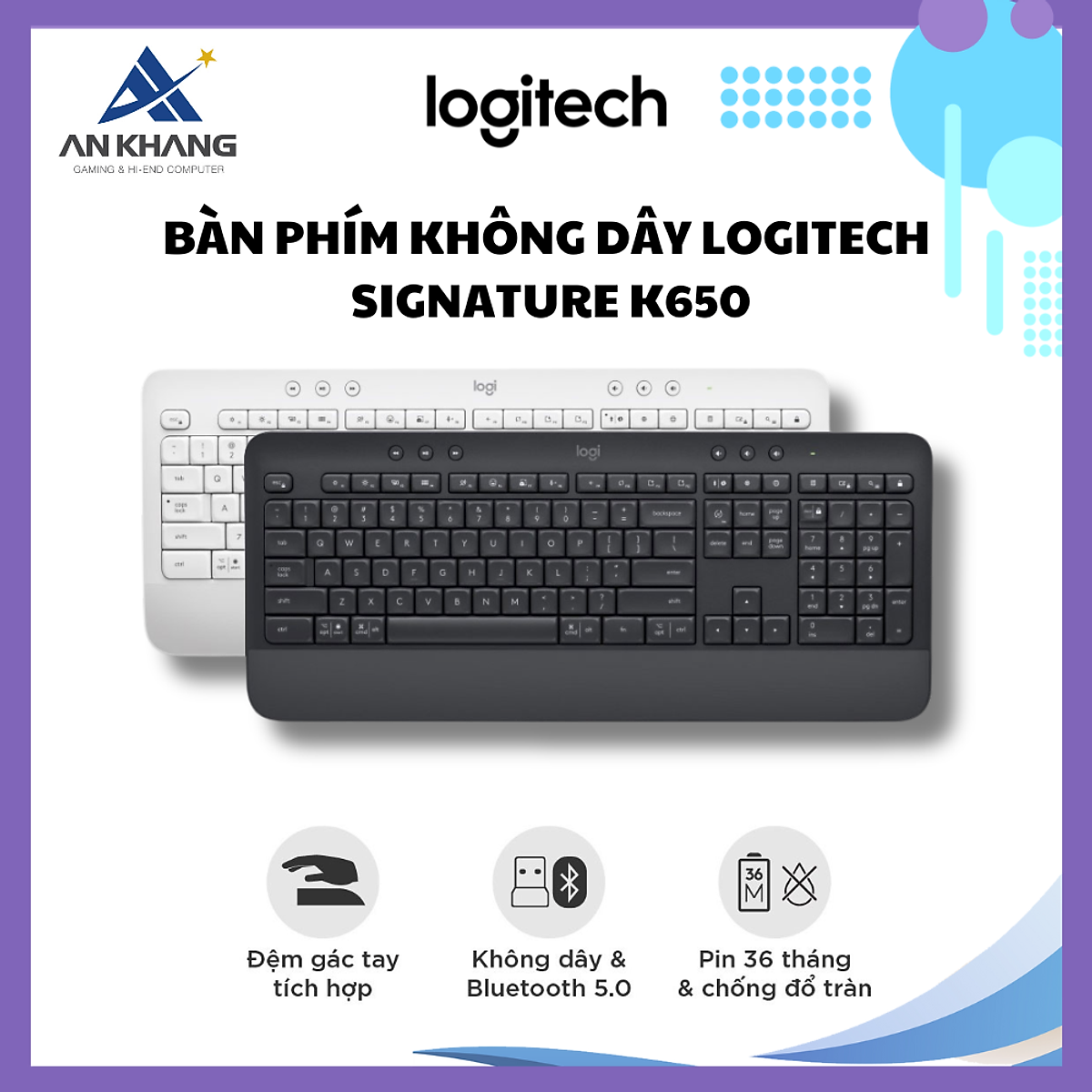 Bàn Phím Không Dây Logitech Signature K650 - Nhỏ gọn, kê tay tích hợp, kết nối Bluetooth & USB Bolt - Hàng chính hãng