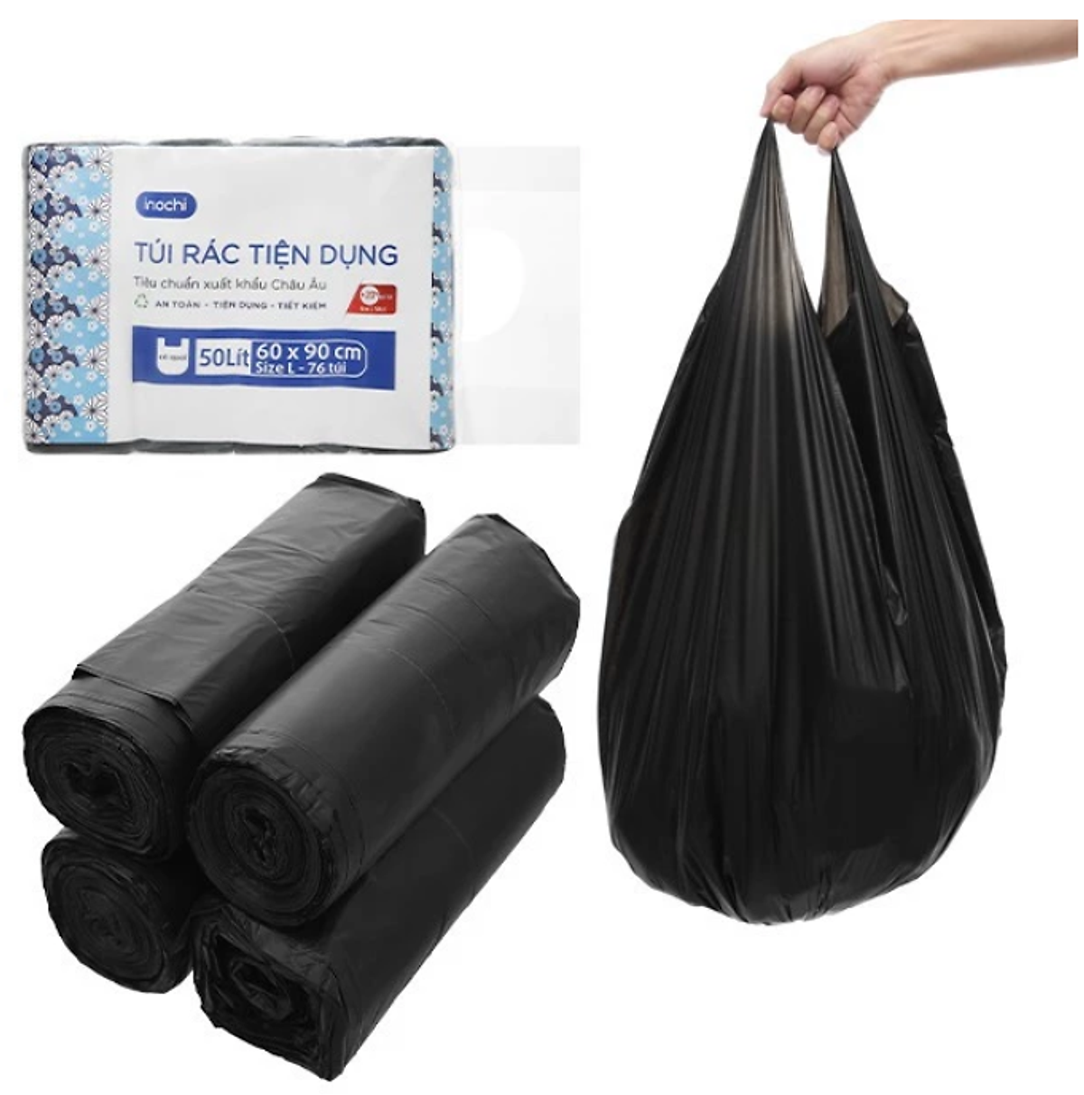 Lô 4 cuộn túi rác tiện dụng Inochi - Soji: 10 Lít / 25 Lít / 50 Lít