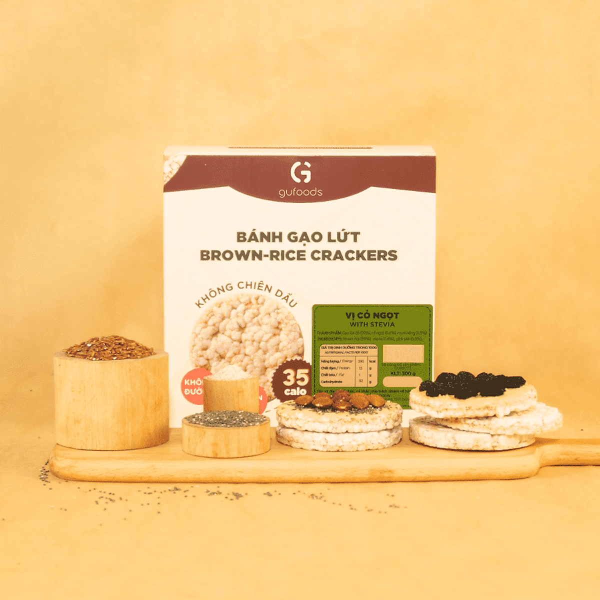 Bánh gạo lứt GUfoods (Hộp 300g=32 bánh) - Không chiên dầu, Không đường, Từ gạo và ngũ cốc nguyên hạt, Lành mạnh, Phù hợp Eat clean, Ăn vặt healthy, Thực dưỡng, Tập gym, Thuần chay, Đa dạng hương vị