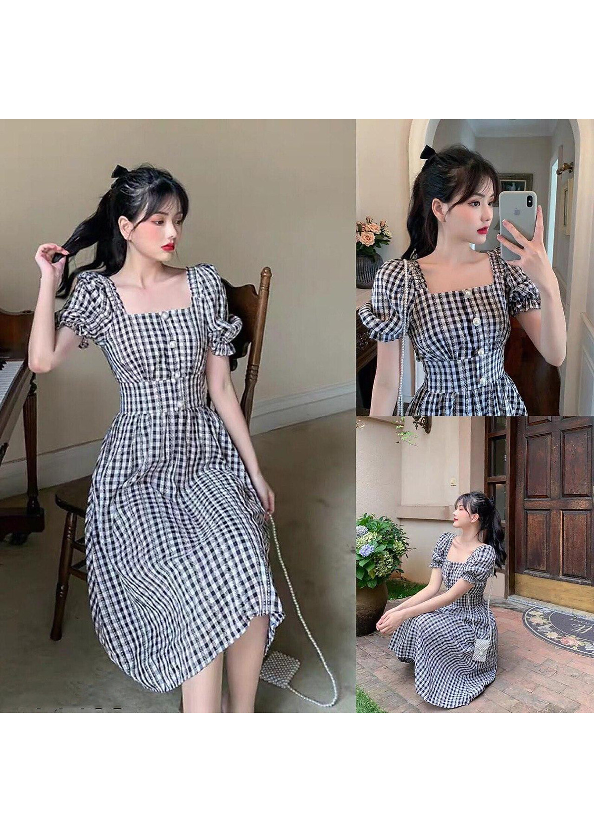 Mua Online sơ mi nữ thô cổ vuông kẻ caro tay ngắn sang chảnh 4055kg đủ màu   giá sỉ chỉ 199000 đ