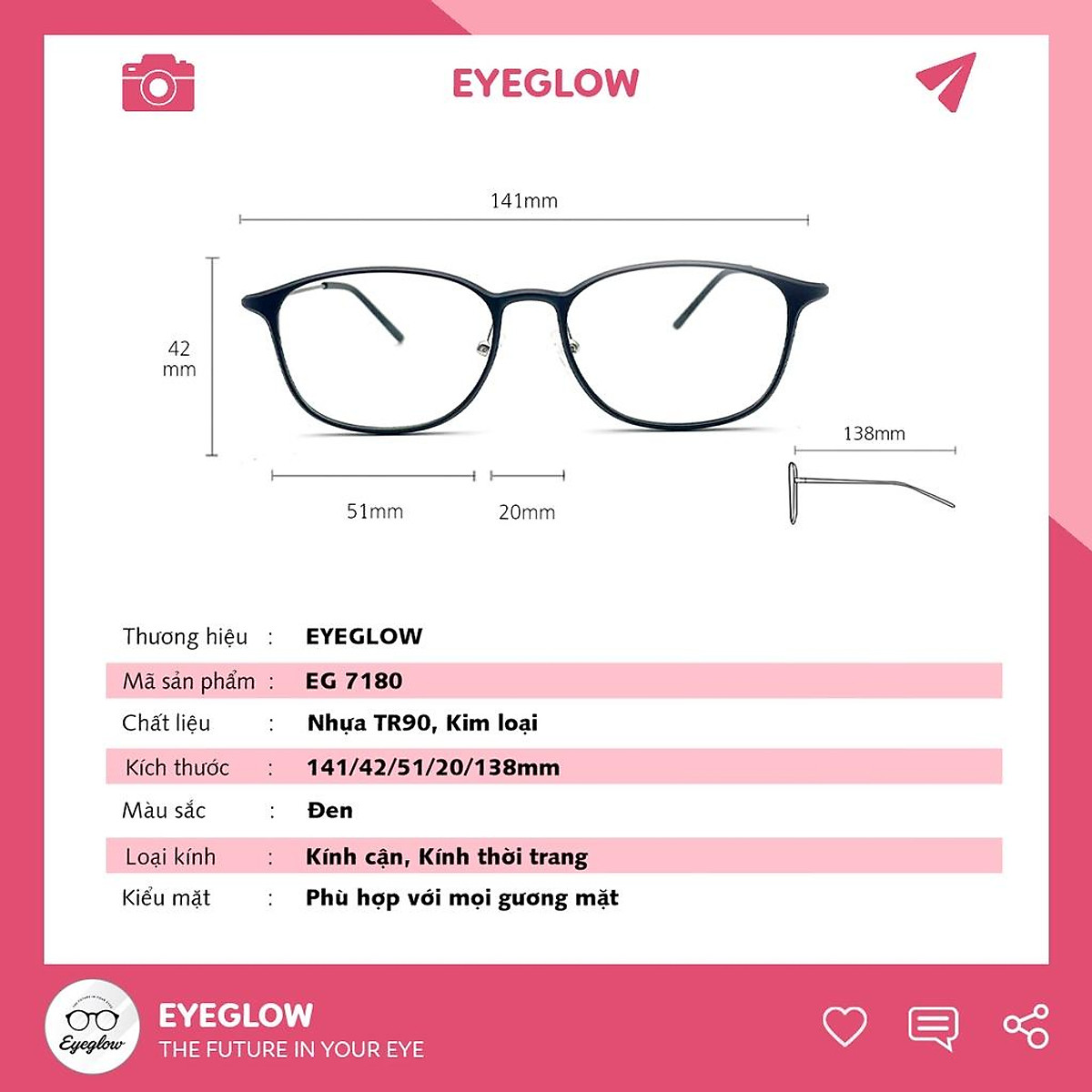 Gọng kính cận nam nữ Eyeglow thiết kế đặc biệt cao cấp gọn nhẹ thanh mảnh  dễ đeo EG7180 | Mắt Kính EyeGlow | Tiki
