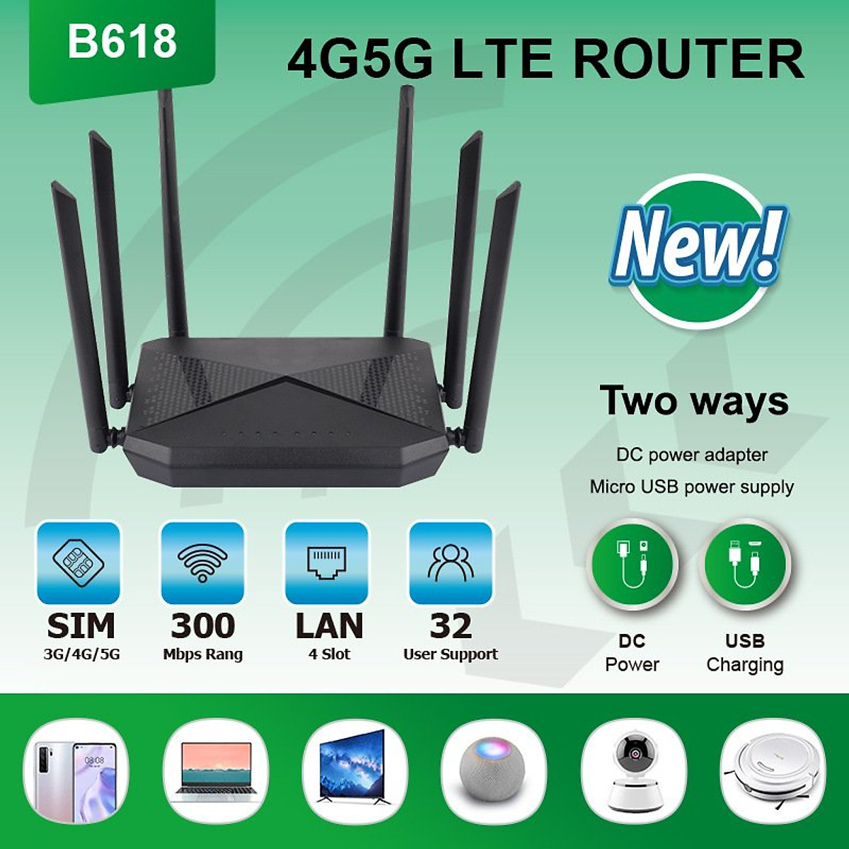 Phát wifi từ sim 4G B618 tích hợp 6 ăngten, bộ phát wifi 4G LTE có 4 cổng WAN/LAN, 6 ăngten Siêu Khỏe - hàng chính hãng