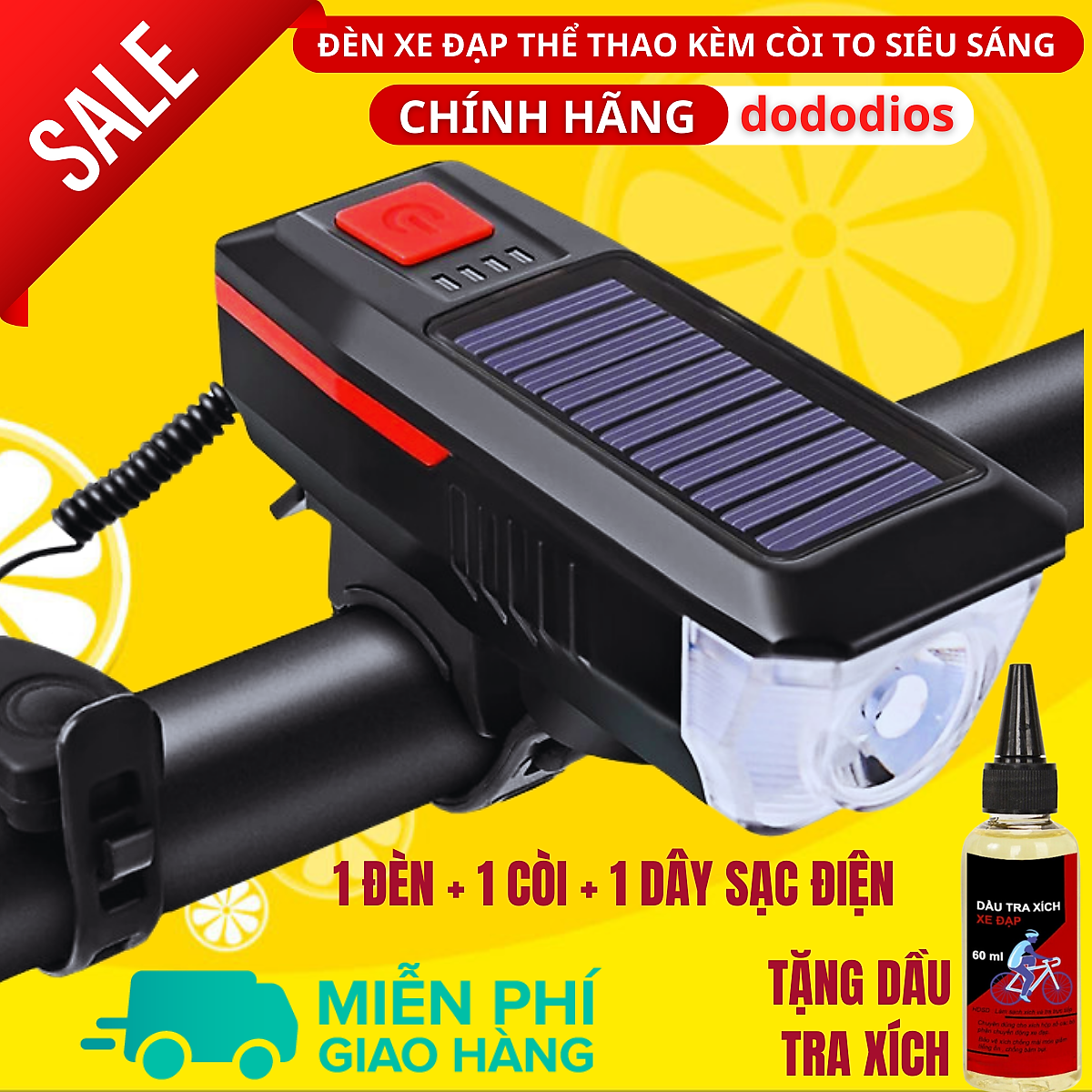 Đèn xe đạp thể thao dododios siêu sáng có còi pin sạc usb led T6 chống nước - Hàng chính hãng