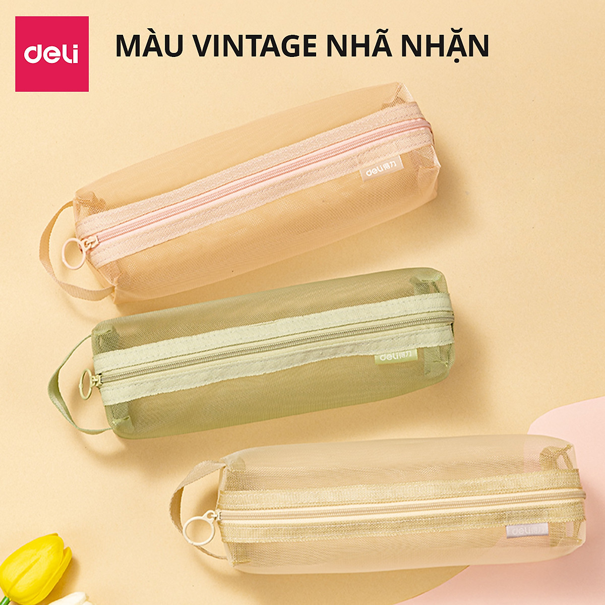 Túi Bút Đa Năng Bóp Viết Lưới Trong Suốt Deli - Màu Pastel Nhẹ Nhàng Sức Chứa Lớn Túi Mỹ Phẩm Du Lịch Học Sinh Văn Phòng