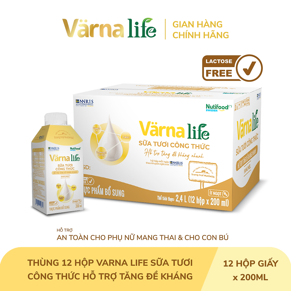 Thùng Thực phẩm bổ sung Värna Life sữa tươi công thức (Vàng) (12 hộp x 200ml)