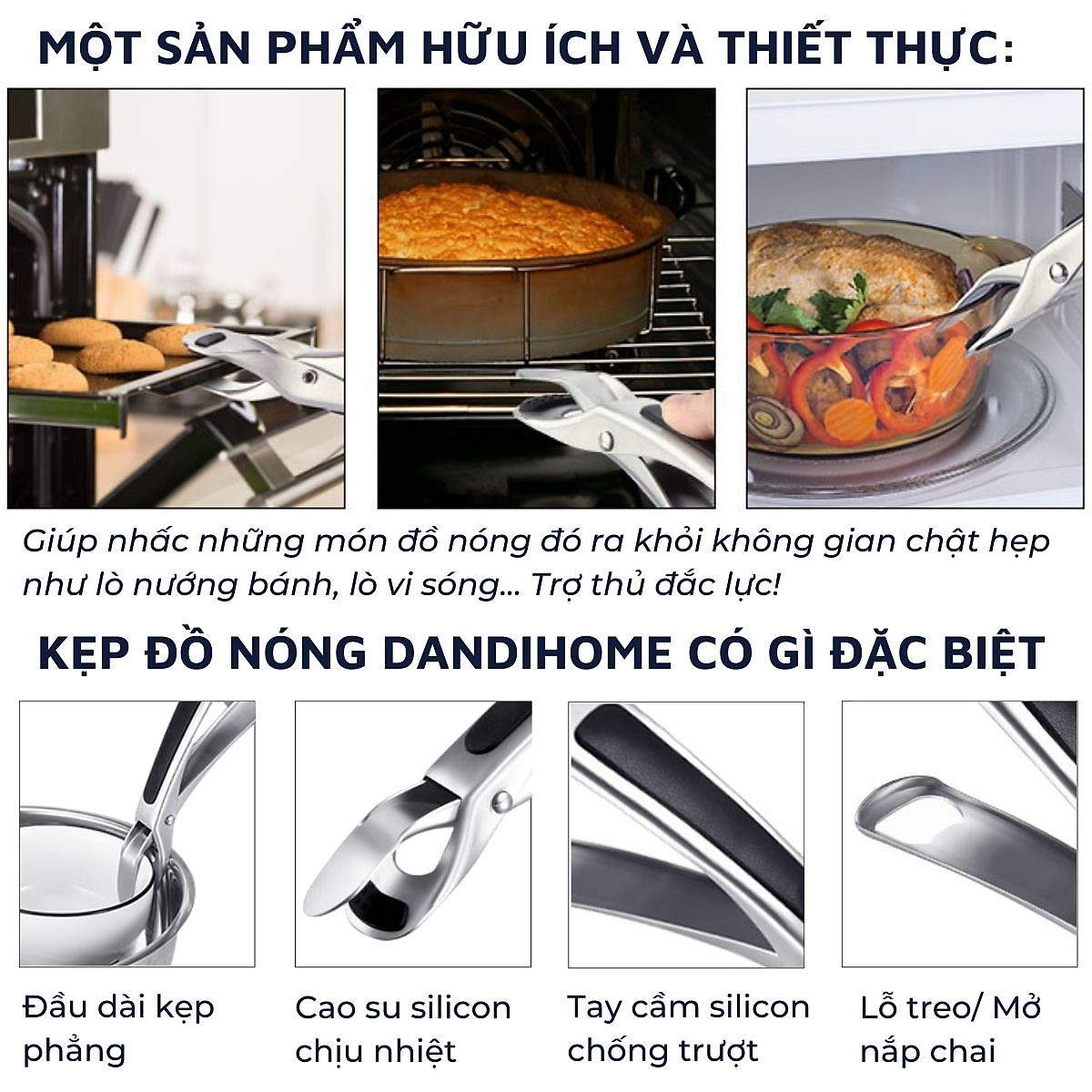 Dụng cụ kẹp gắp đồ nóng DandiHome inox 304 với mút silicon chống trơn trượt