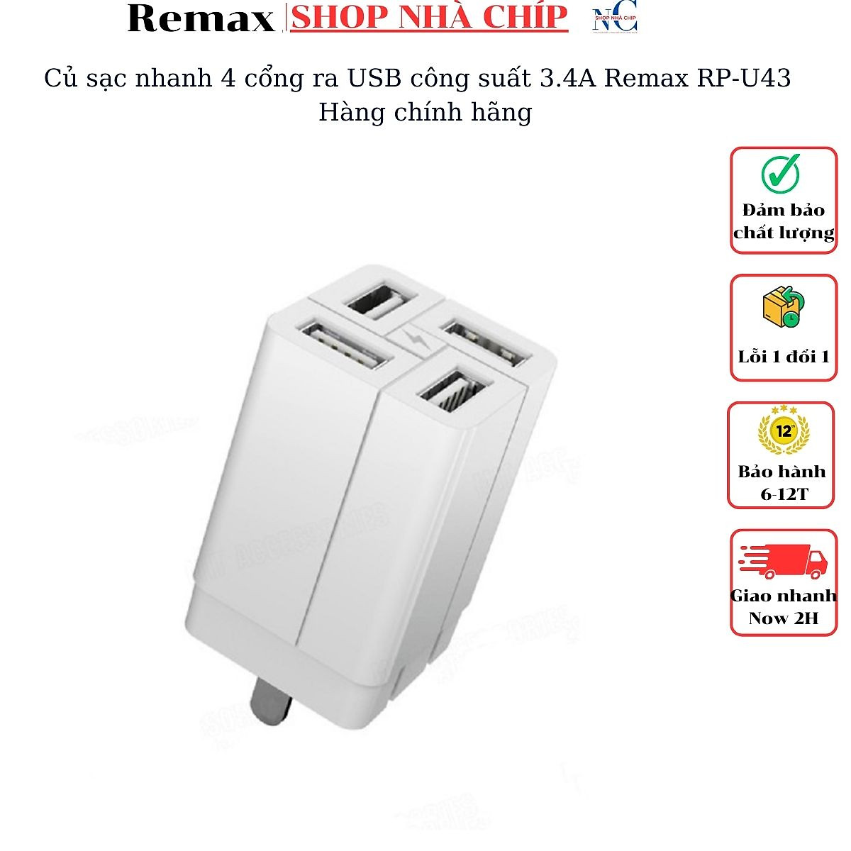 Củ sạc nhanh 4 cổng ra USB công suất 3.4A Remax RP-U43 - Hàng chính hãng