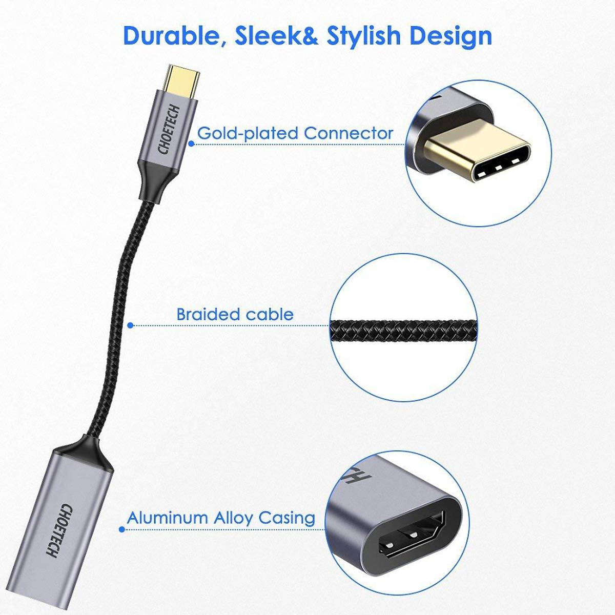 Hub Chuyển Đổi USB Type C to HDMI CHOETECH HUB-H10 Độ Phân Giải 4K 60Hz, 1080P Cho Tivi/Laptop/Playstation/PC - Hàng Chính Hãng