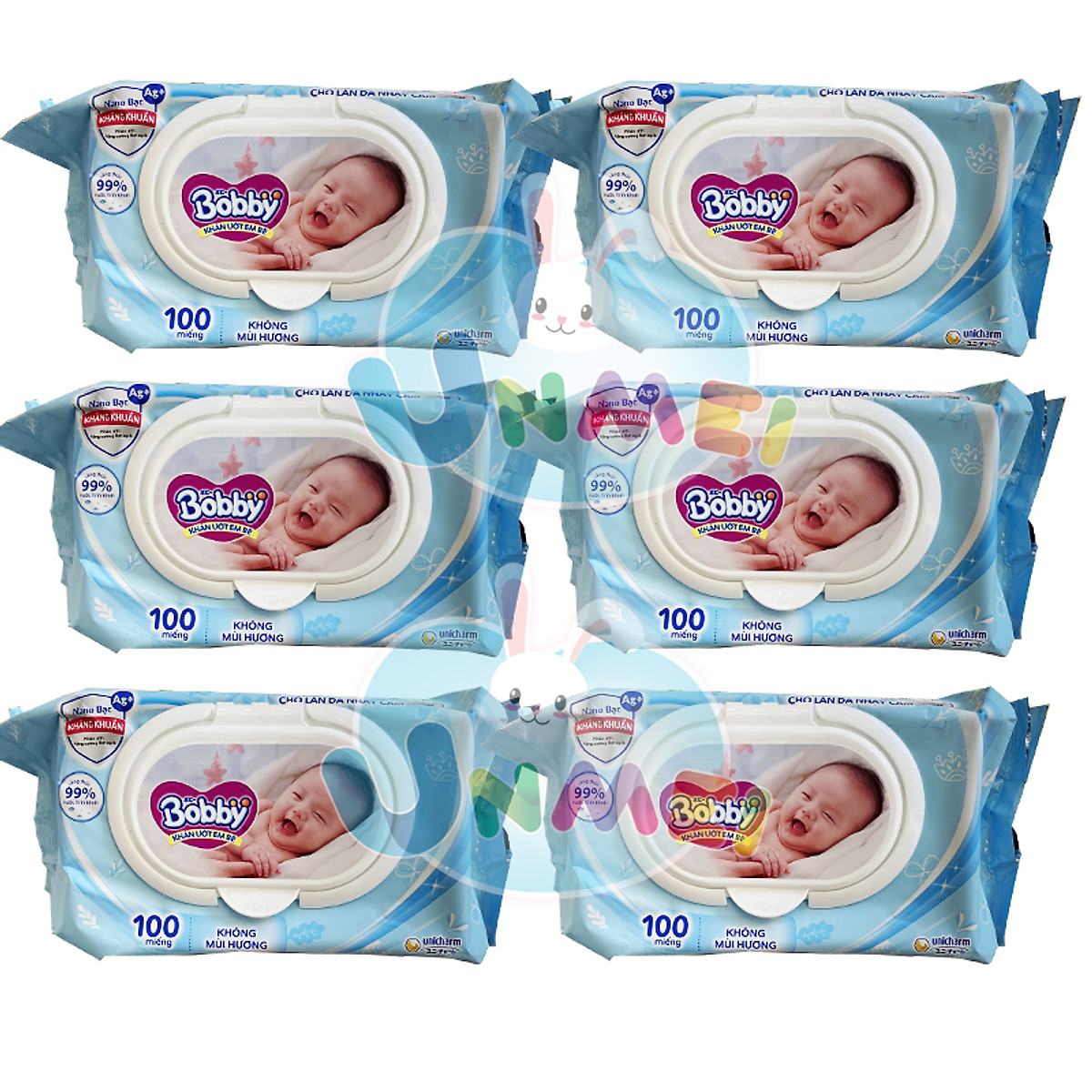 Combo Tiết Kiệm: 6 Gói Khăn Ướt Bobby Care Không Hương 100 Miếng/Gói