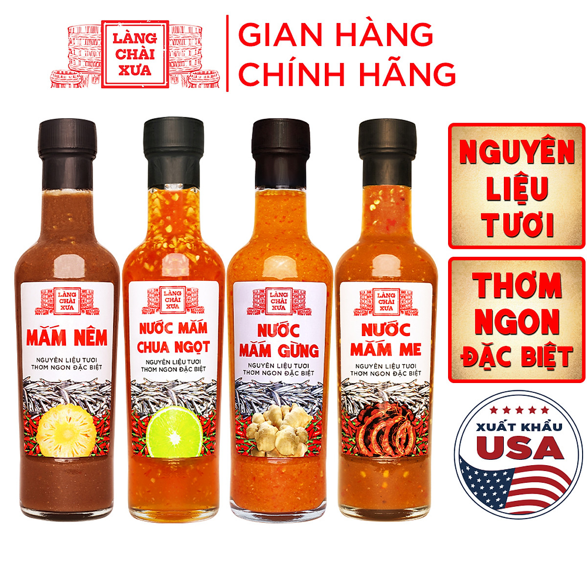 Đặc Sản Phan Thiết - Combo 4 Chai Nước Chấm Pha Sẵn (Mắm Nêm, Nước Mắm Chua Ngọt, Nước Mắm Gừng, Nước Mắm Me) Làng Chài Xưa Nguyên Liệu Tươi