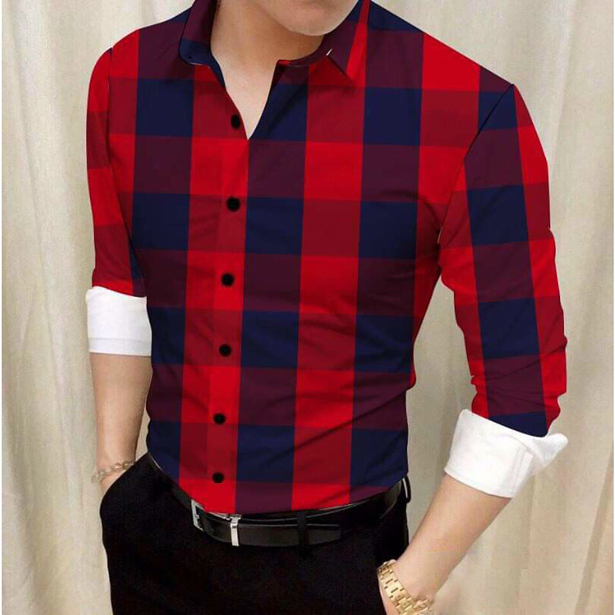 Áo sơ mi nam tay ngắn sọc caro đẹp màu xanh blue kẻ trắng đỏ Burberry