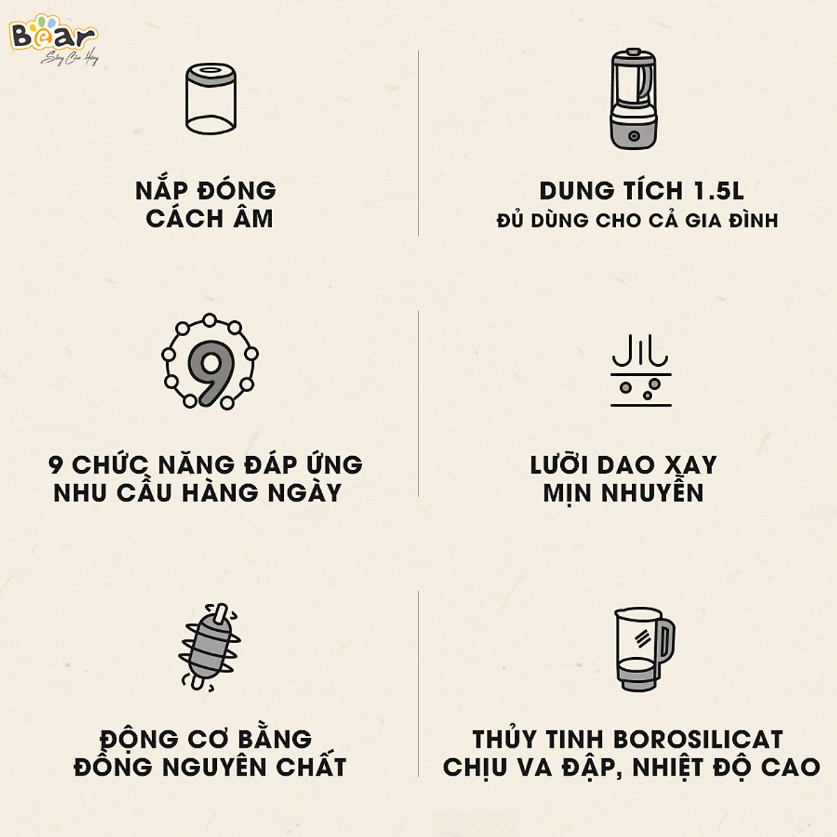 Máy Xay Nấu Đa Năng Bear 1,5L Chống Ồn Cao Cấp, Làm Sữa Hạt, Sinh Tố Tiện Lợi PBJ-B06S2 - Hàng chính hãng