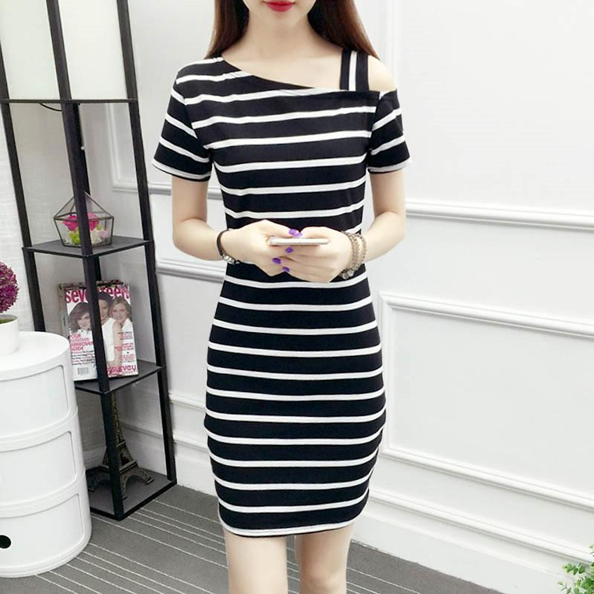 Đầm suông sọc ngắn tay