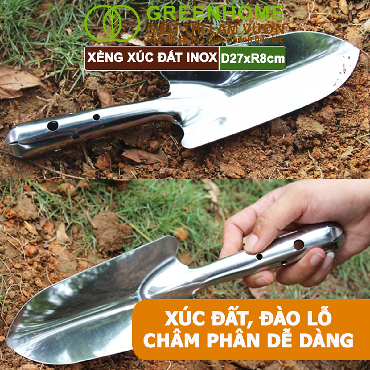 Xẻng Xúc Đất Greenhome, D27xR8cm, Dụng Cụ Làm Vườn, Hợp Kim Chống Rỉ, Siêu Bền, Dễ Vệ Sinh, Tiện Lợi